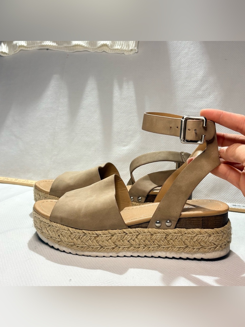 Platform Espadrille Sandals in Taupe - Women's Ankle Strap